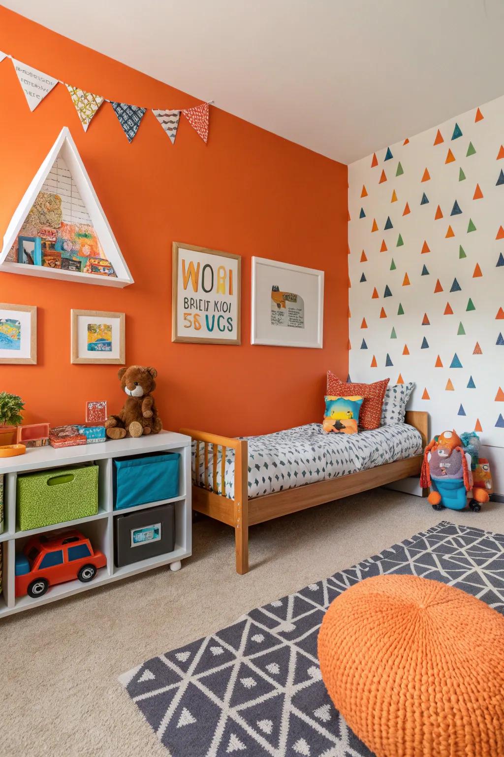 Orange accents provide a burst of playful energy.