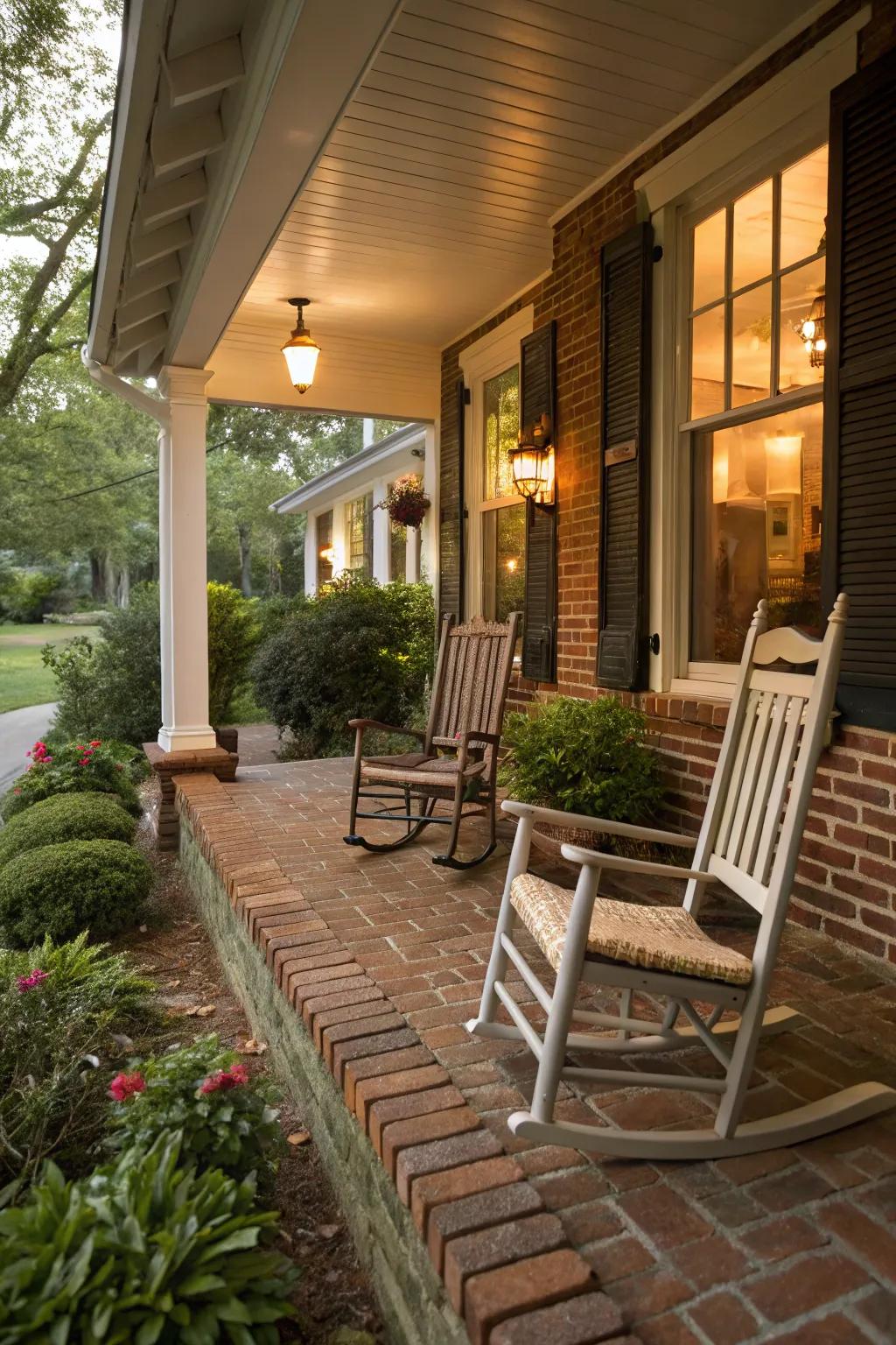 Inviting rocking chairs inspire relaxation on this charming brick porch.