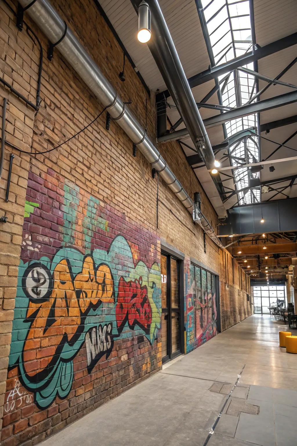 A graffiti-themed mural introduces a metropolitan edge to a loft's brick wall.