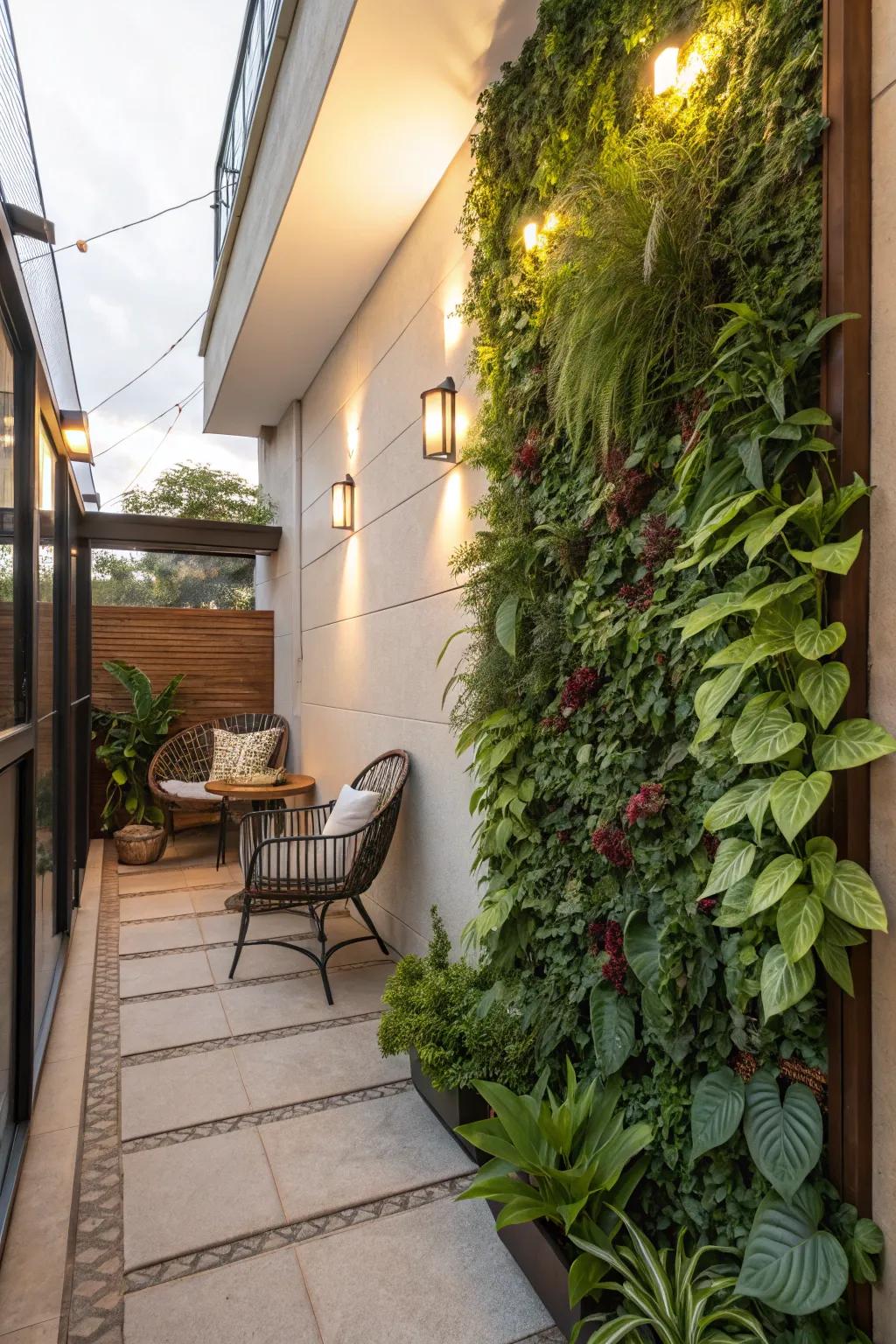 Skyward flora partitions maximize greenery in small open-air spaces.