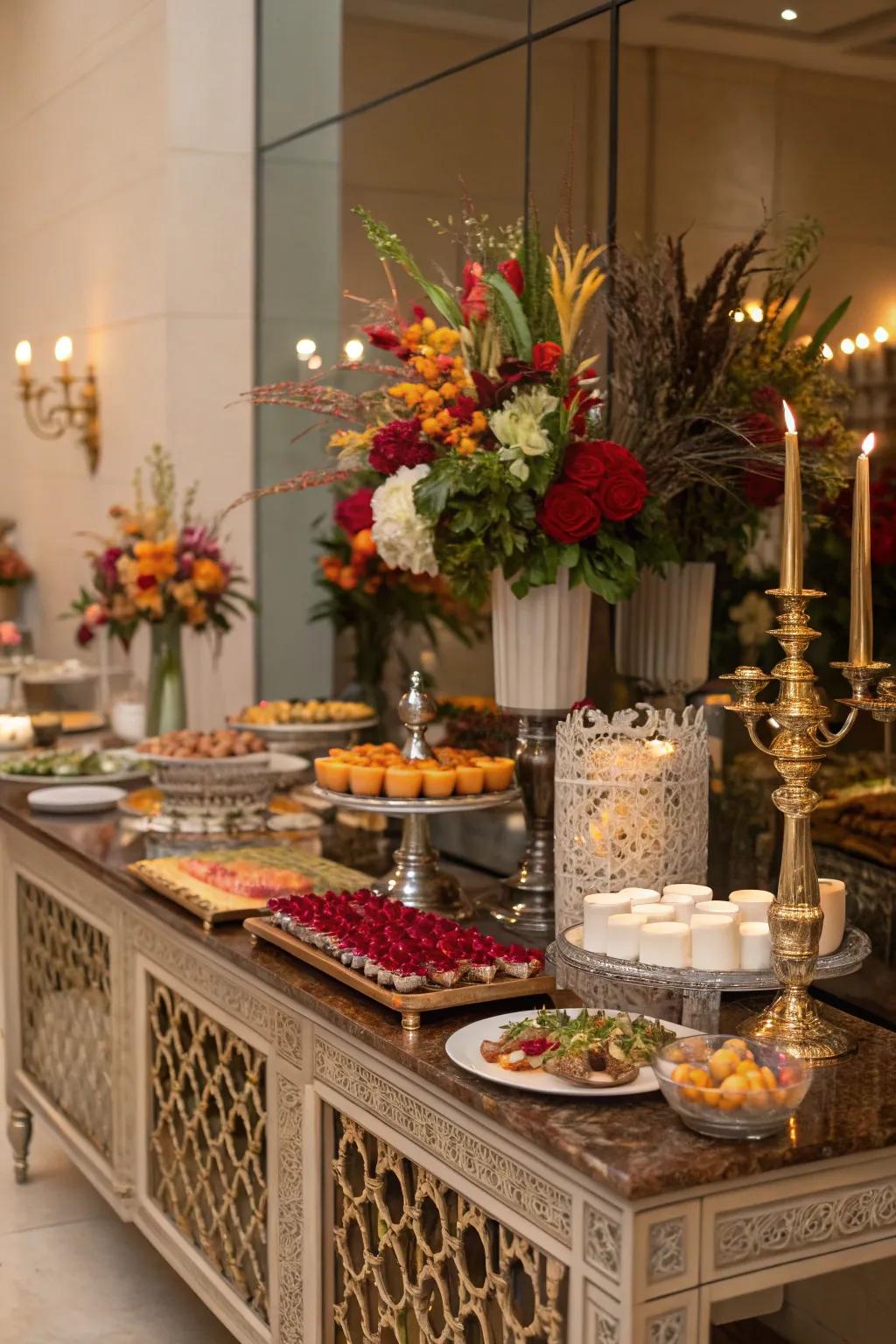 Mirrored surfaces intensify the sophistication of your buffet.