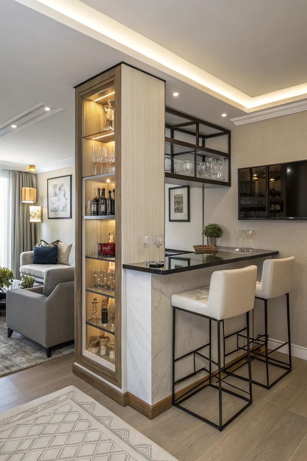 An elegant corner bar maximizes vertical space in a small apartment.
