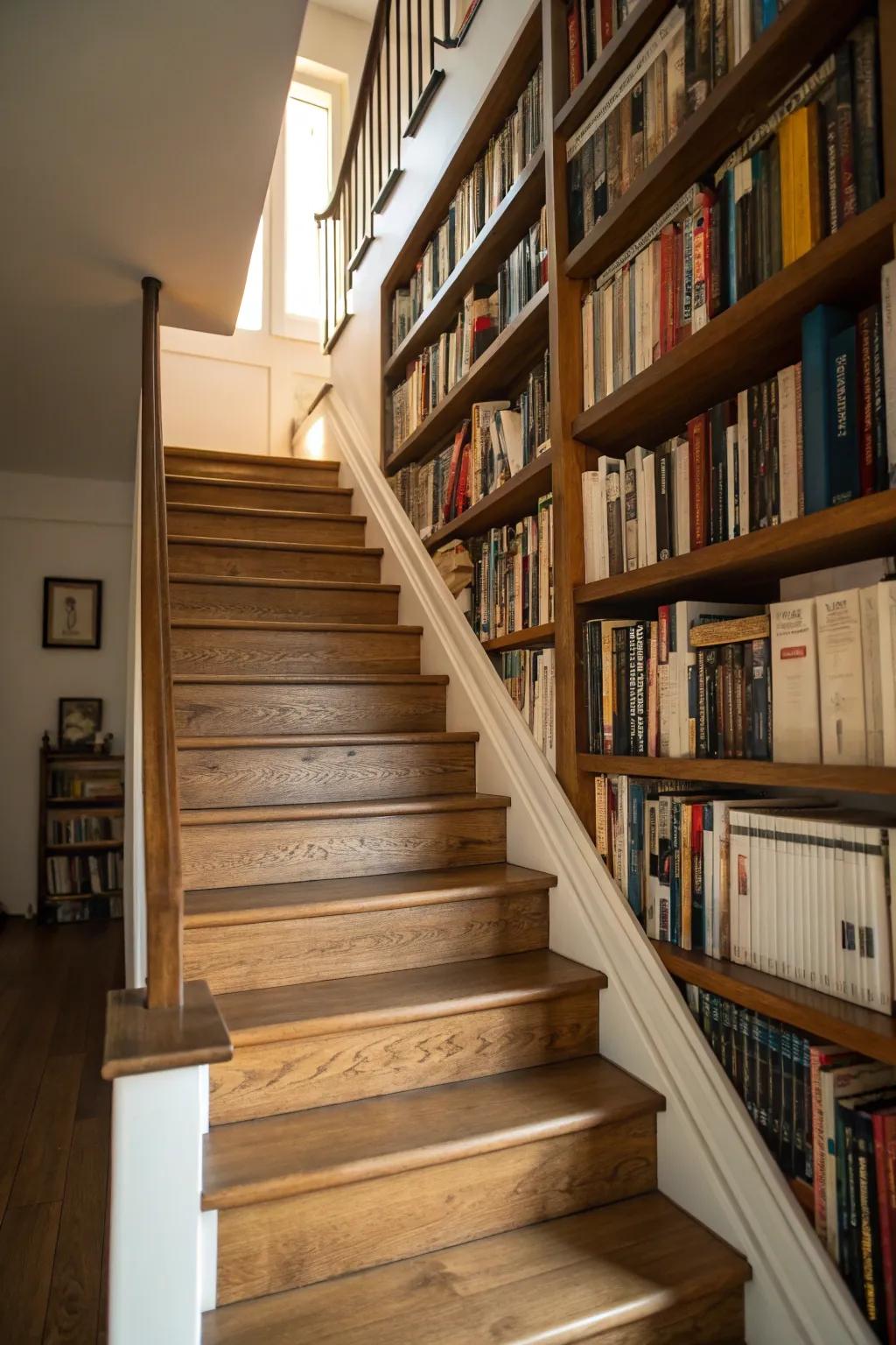 A smart utilization of space using bookshelves fitted under the stairs.