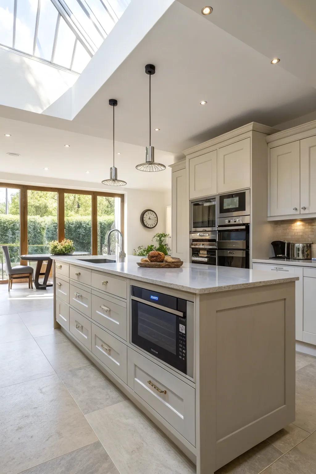 Open-plan cooking space displaying a microwave integrated within the central island.