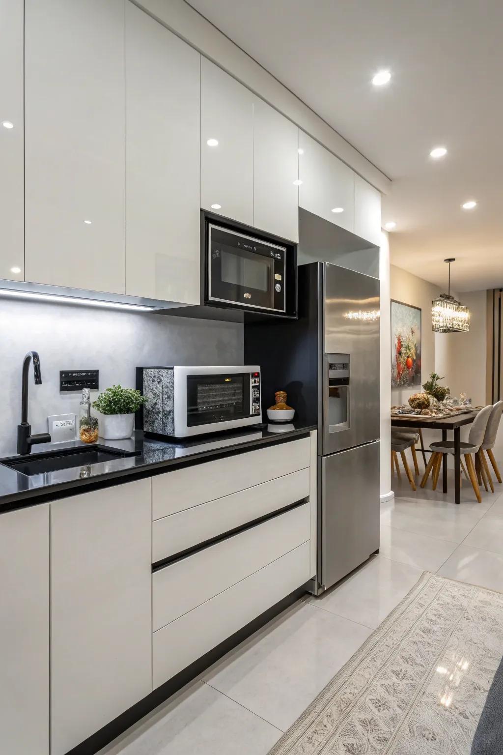 A microwave intelligently built under the kitchen counter.