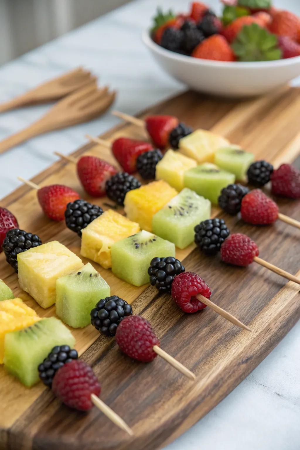 Lively fruit brochettes ideal for a honeybee-themed event.
