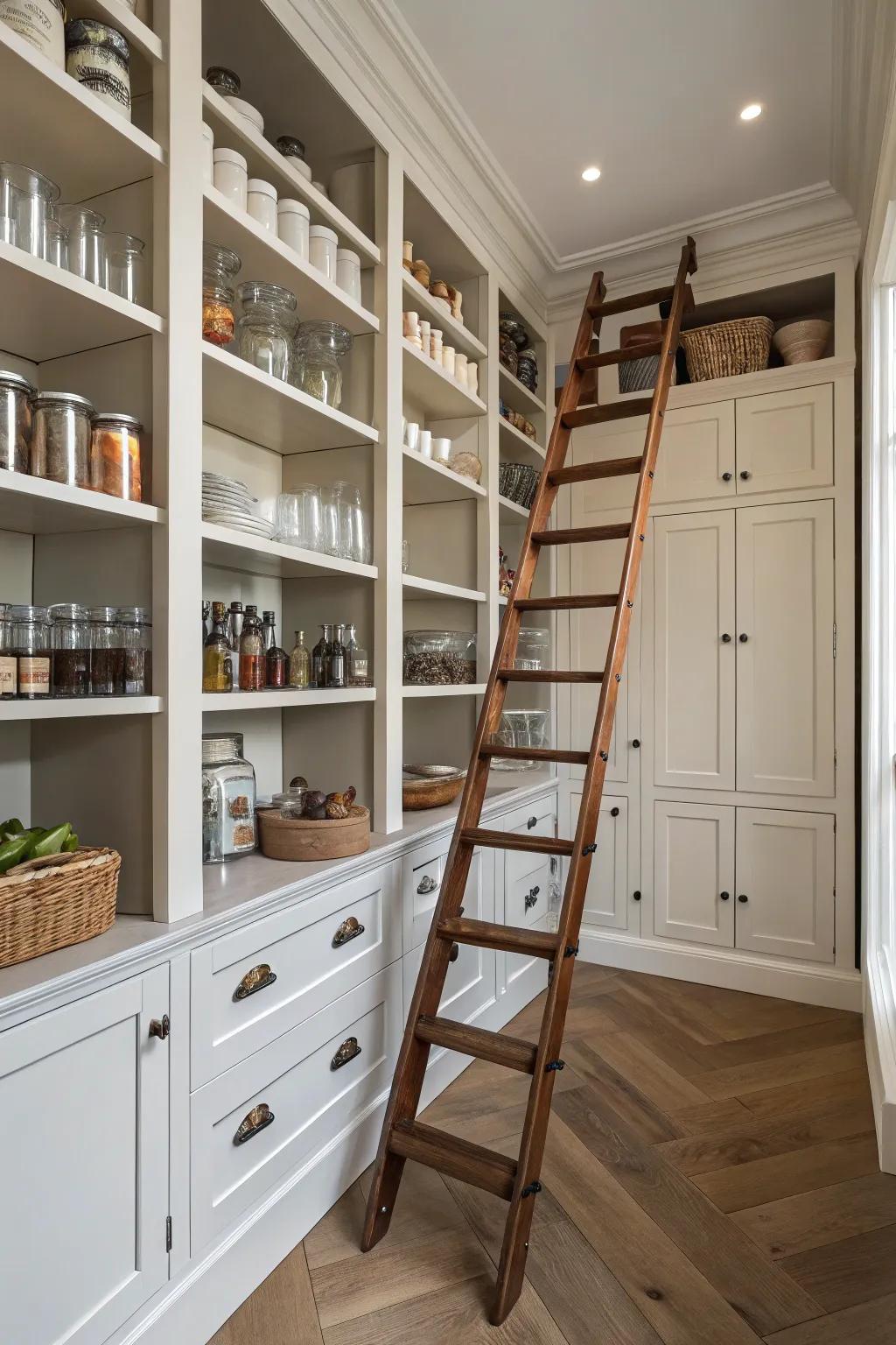 A mobile ladder enables access to elevated shelves while preserving aesthetic appeal.
