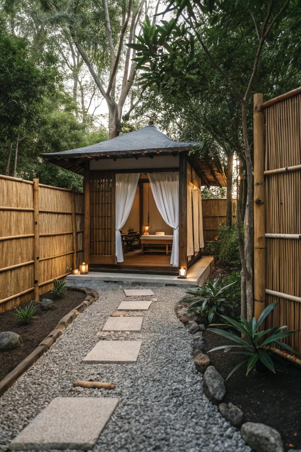 A zen-inspired sanctuary cabana, adorned with soothing Japanese decor.