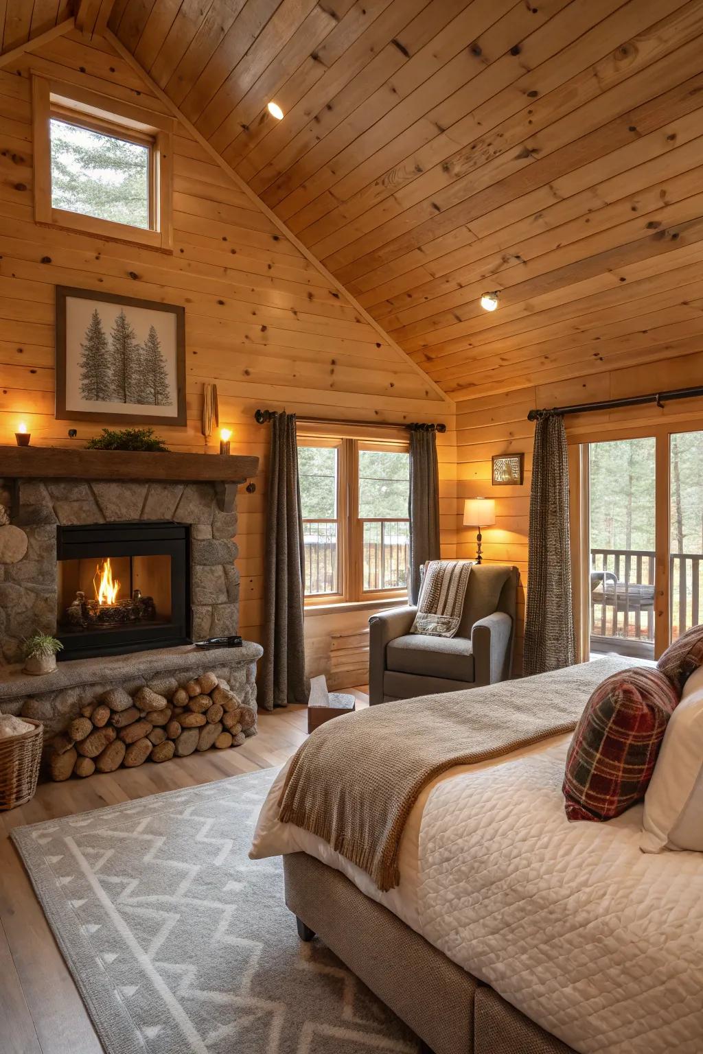 A cozy cabin bedroom with a fireplace and a comfortable seating area.