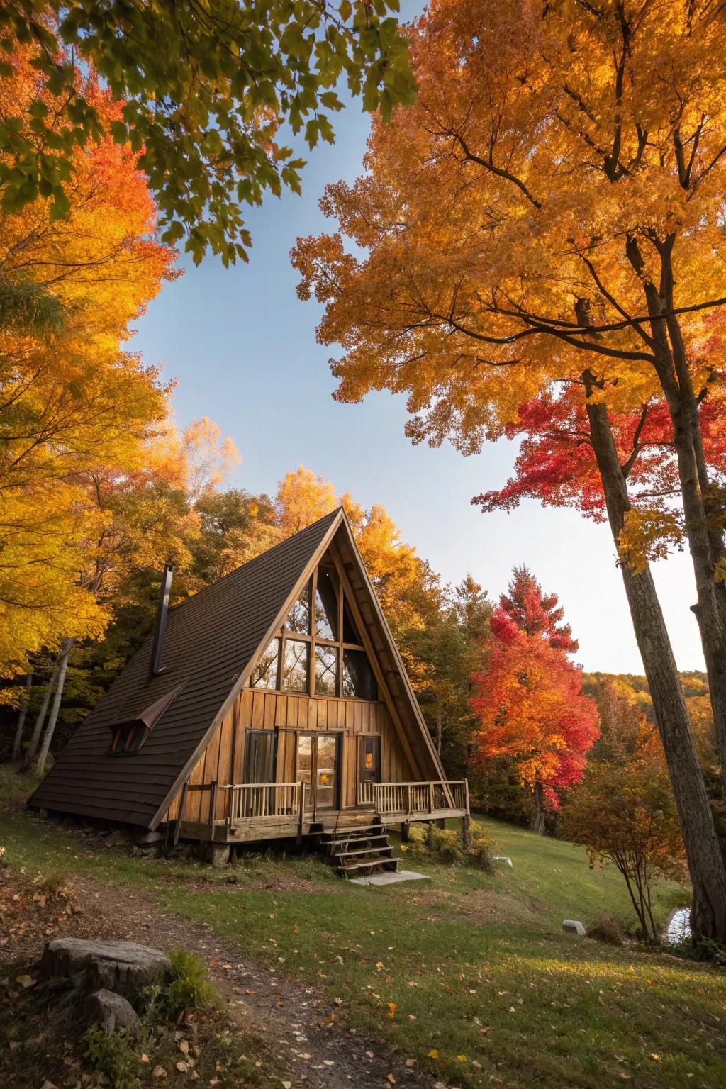 A-frame cabin set against a backdrop of vibrant autumn colors