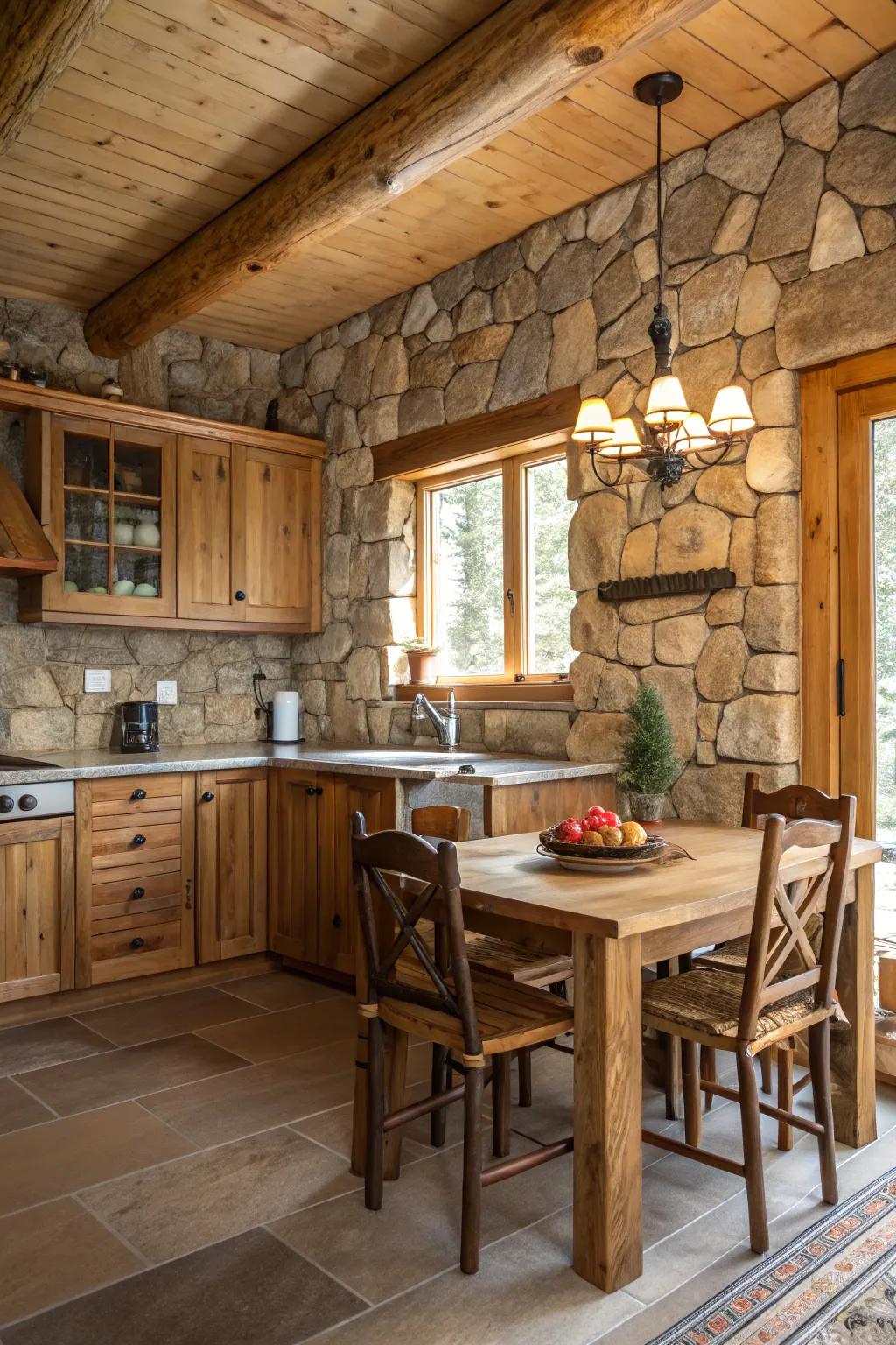 Rock embellishments introduce organic refinement to a log cabin kitchen.