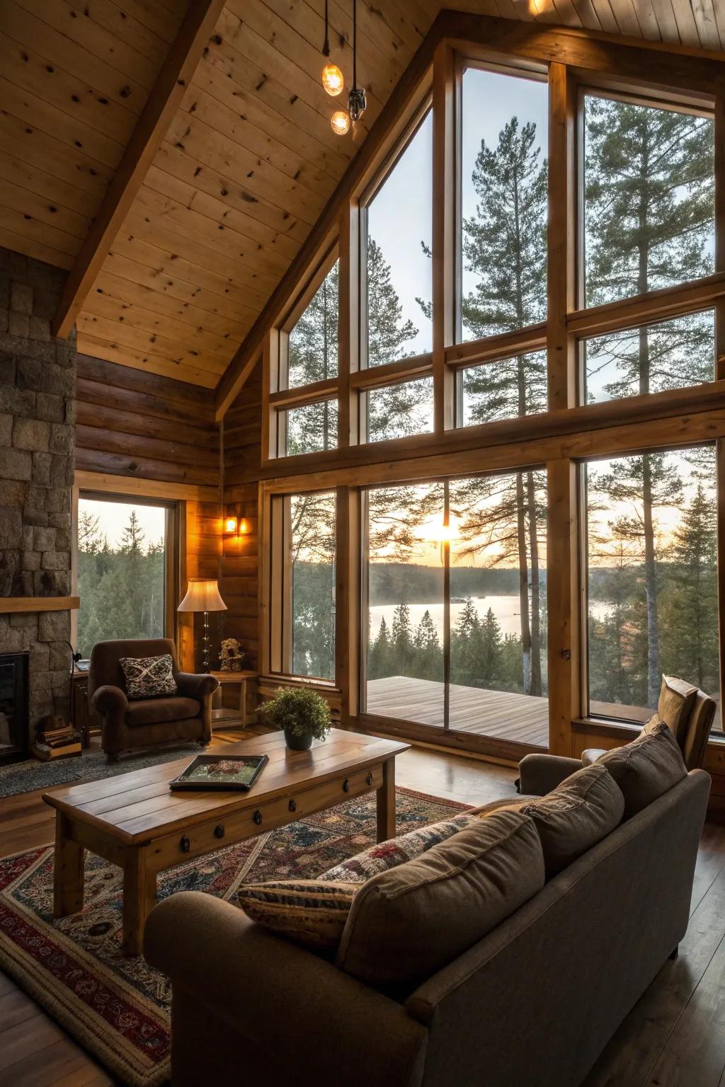 Sunlight fills this cabin family room, spotlighting its countryside charm.