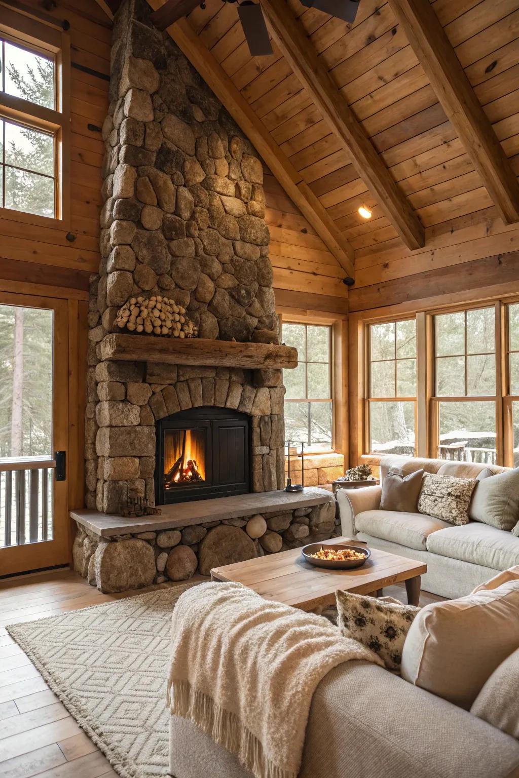 A stonework hearth creates an inviting and warm centerpiece.