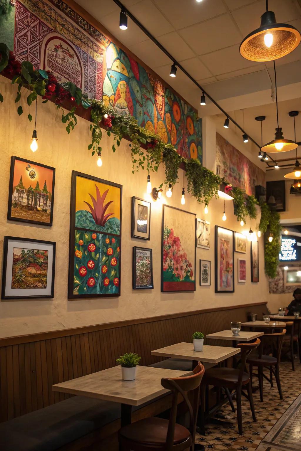 Colorful art pieces inside a café are highlighted by well-placed emphasizing illumination.