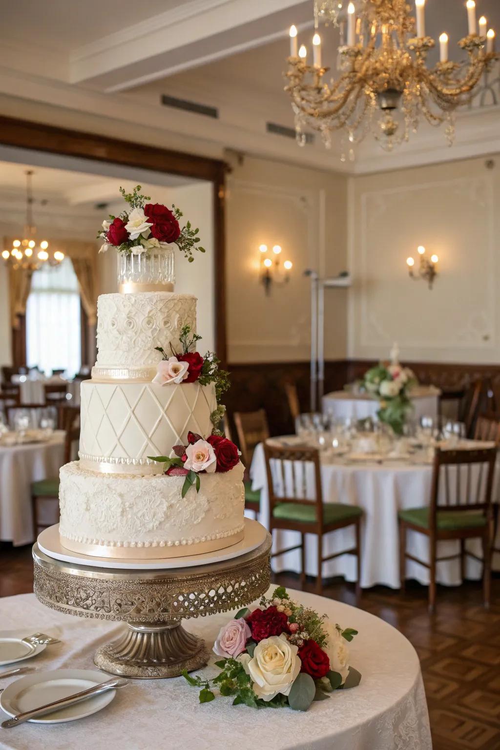 A beautifully structured multilayered cake at the display center, adding both height and elegance.