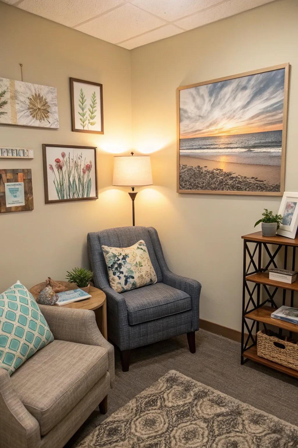 The therapeutic atmosphere is improved through inspiring artwork.