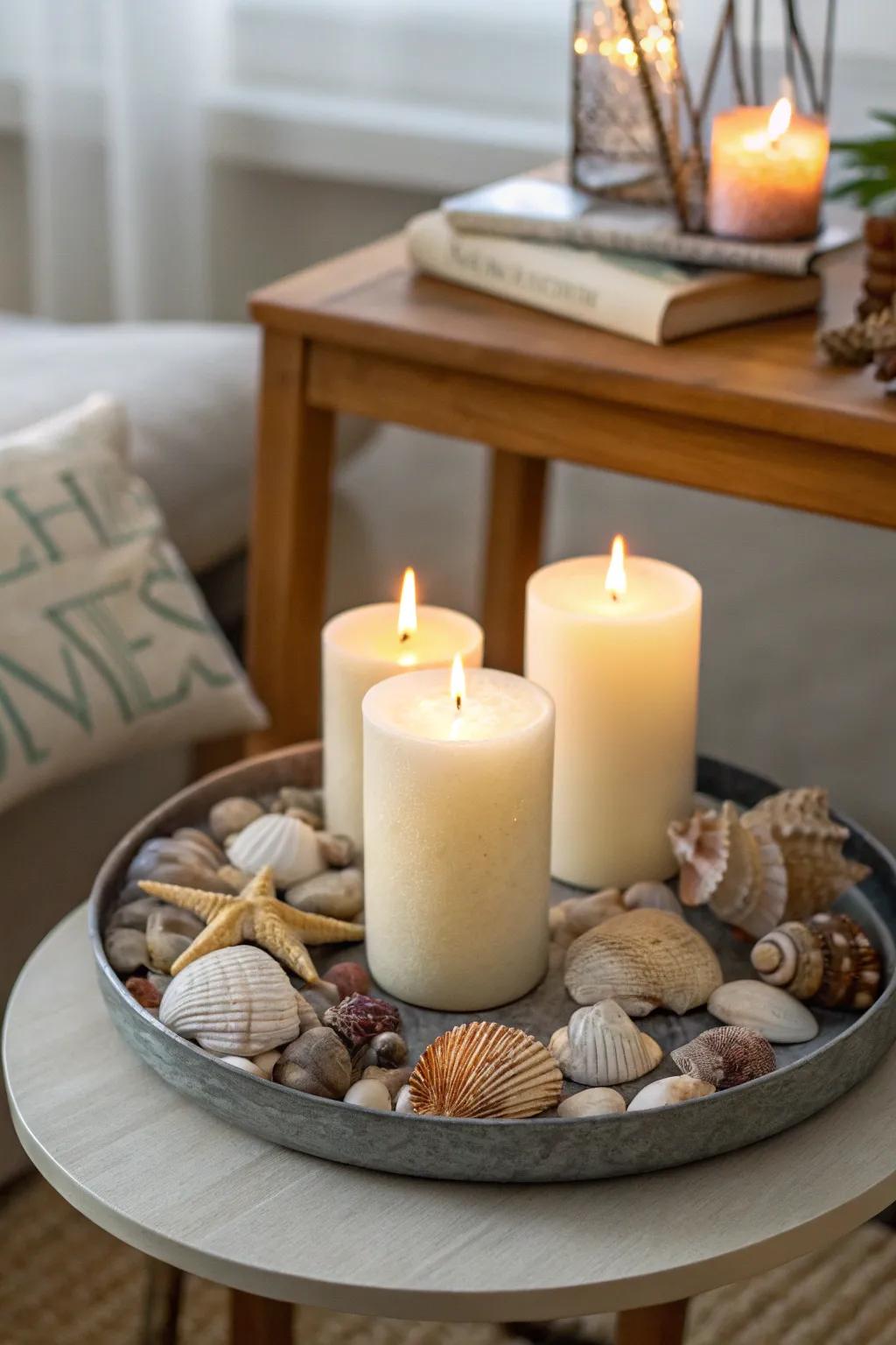 Shells and candles together inspire a comforting ocean vibe.