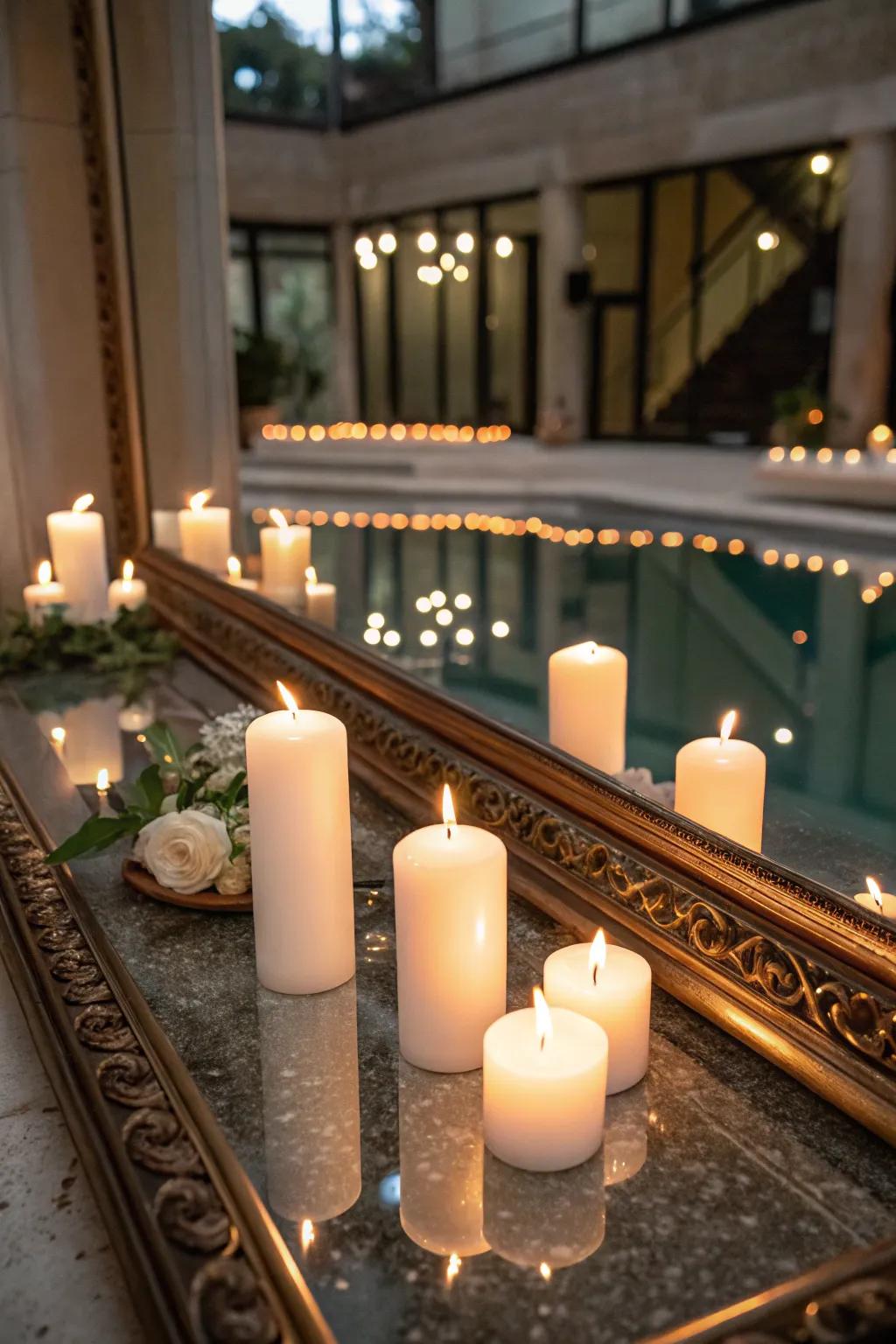 Luminaries positioned upon a mirror, yielding a twofold light consequence.