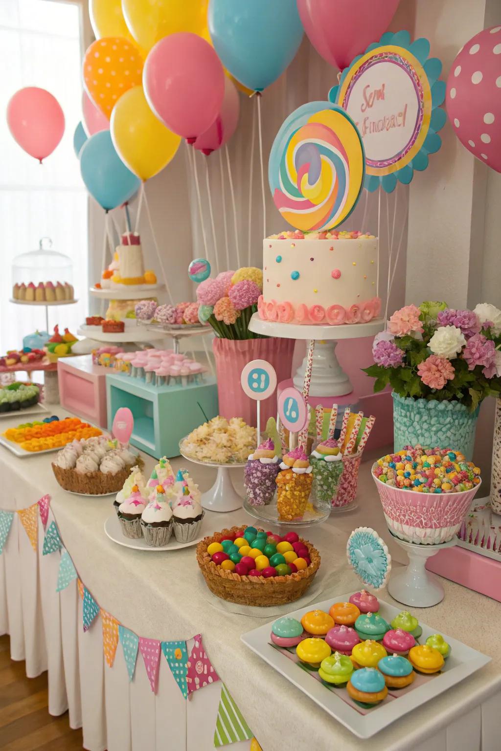 A dessert presentation brimming with sugary treats in candyland fashion.