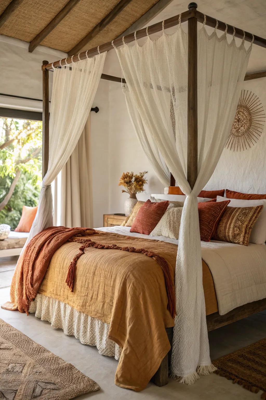 A snug four-poster corner featuring layered bedding and warm hues.