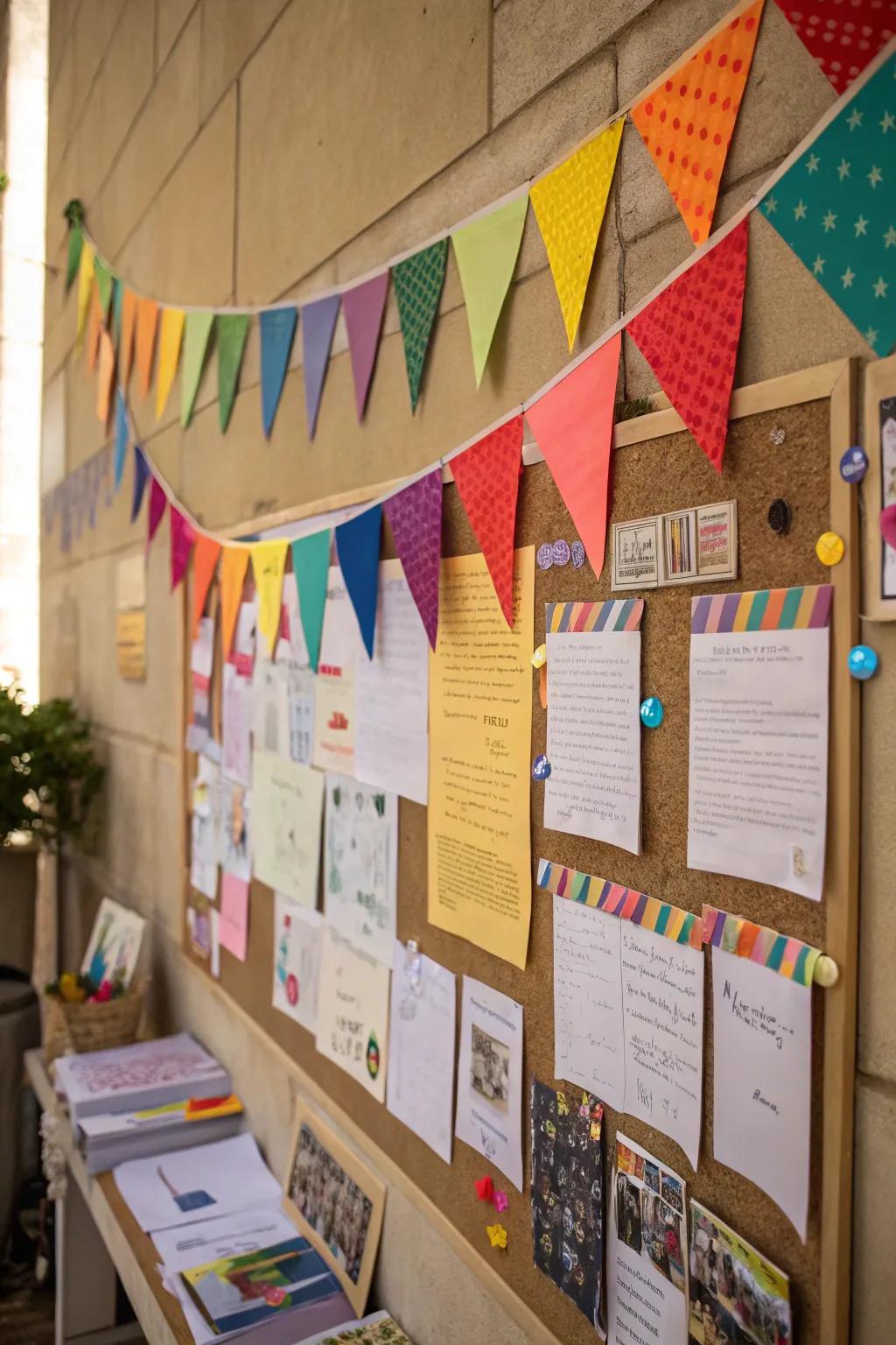 Upbeat bunting and banners contribute a festive accent to this carnival-themed arrangement.