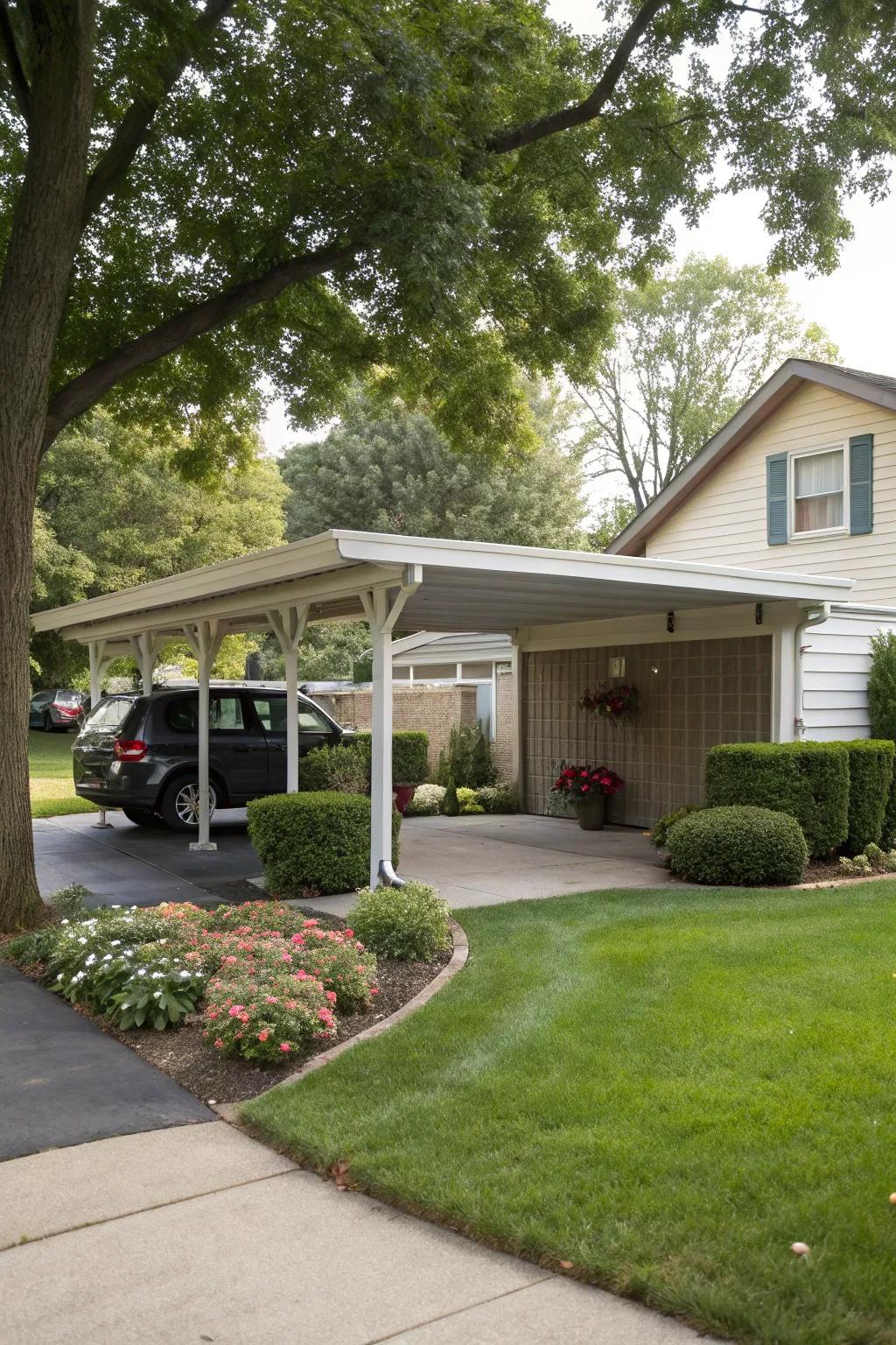 A detached carport, delivering flexibility and style adjacent to the house.