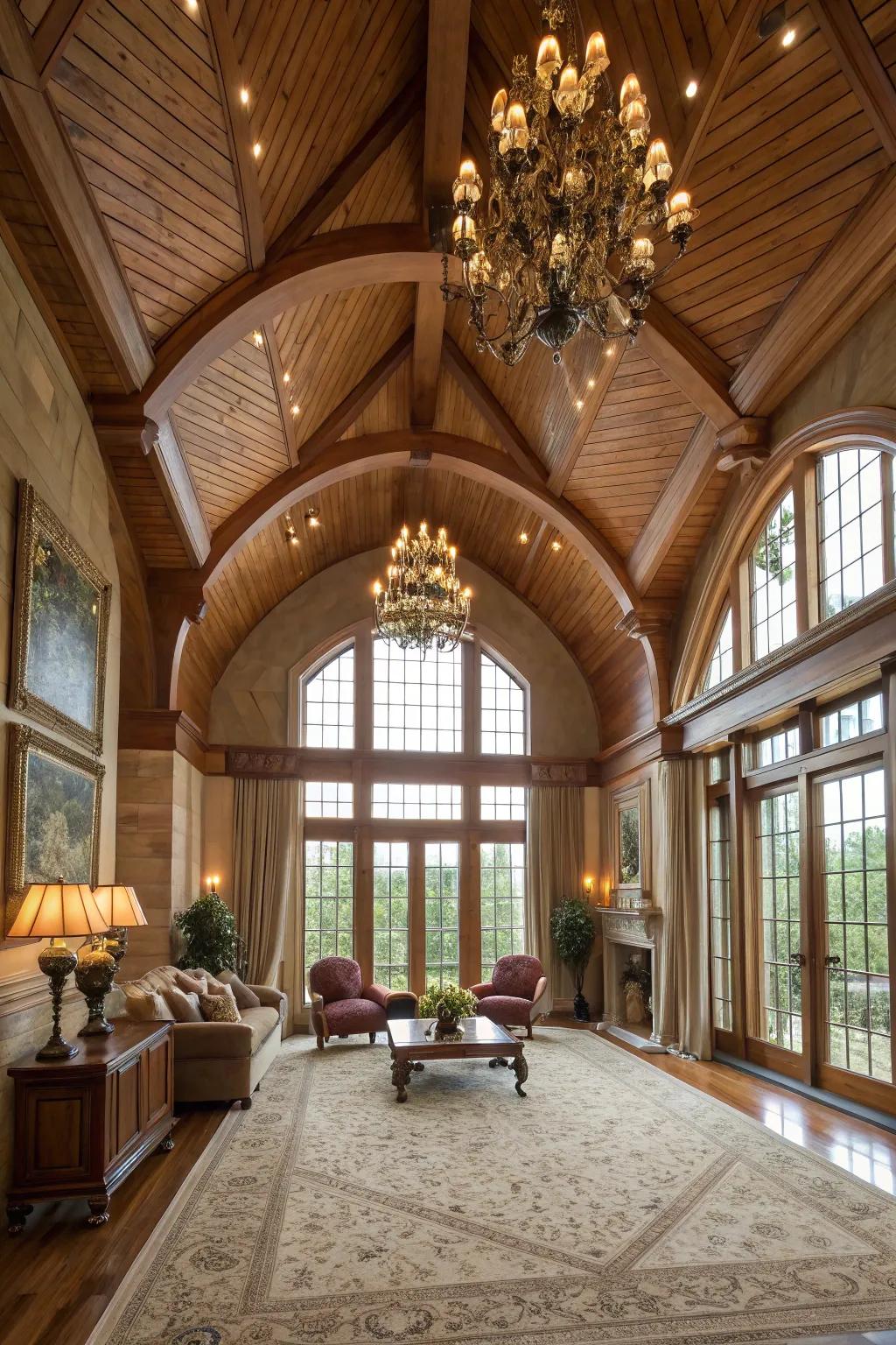 A palatial room enhanced with a vaulted cedar ceiling, emphasizing its generous proportions.
