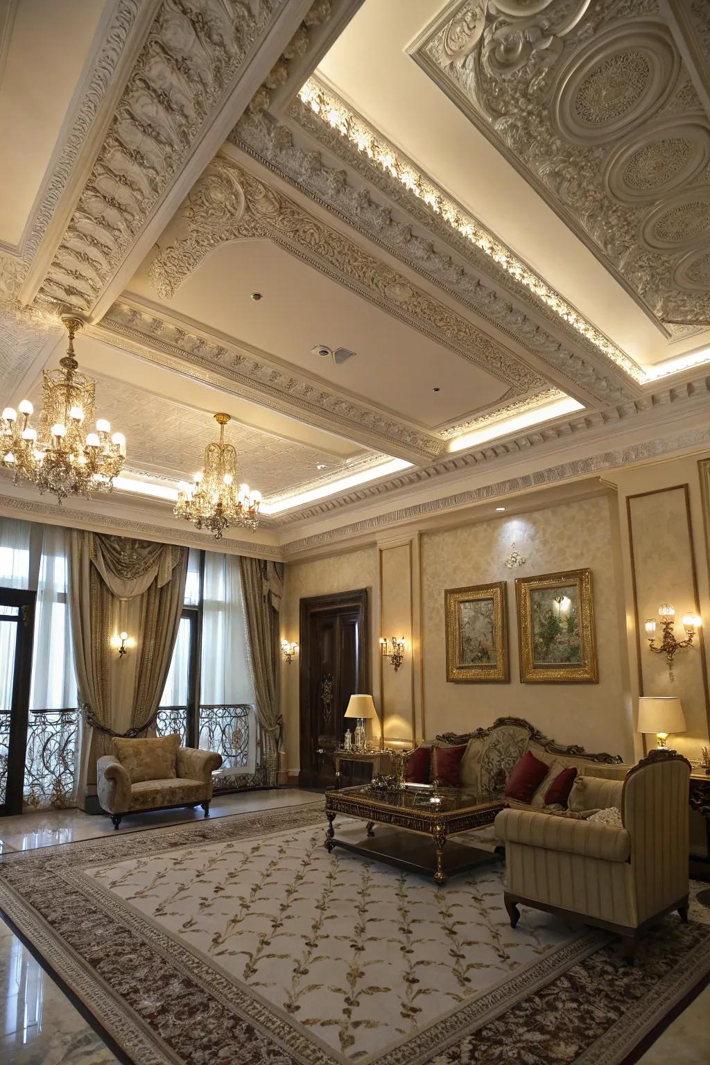 A space adorned with ornate contouring enhancing the ceiling's artistry.