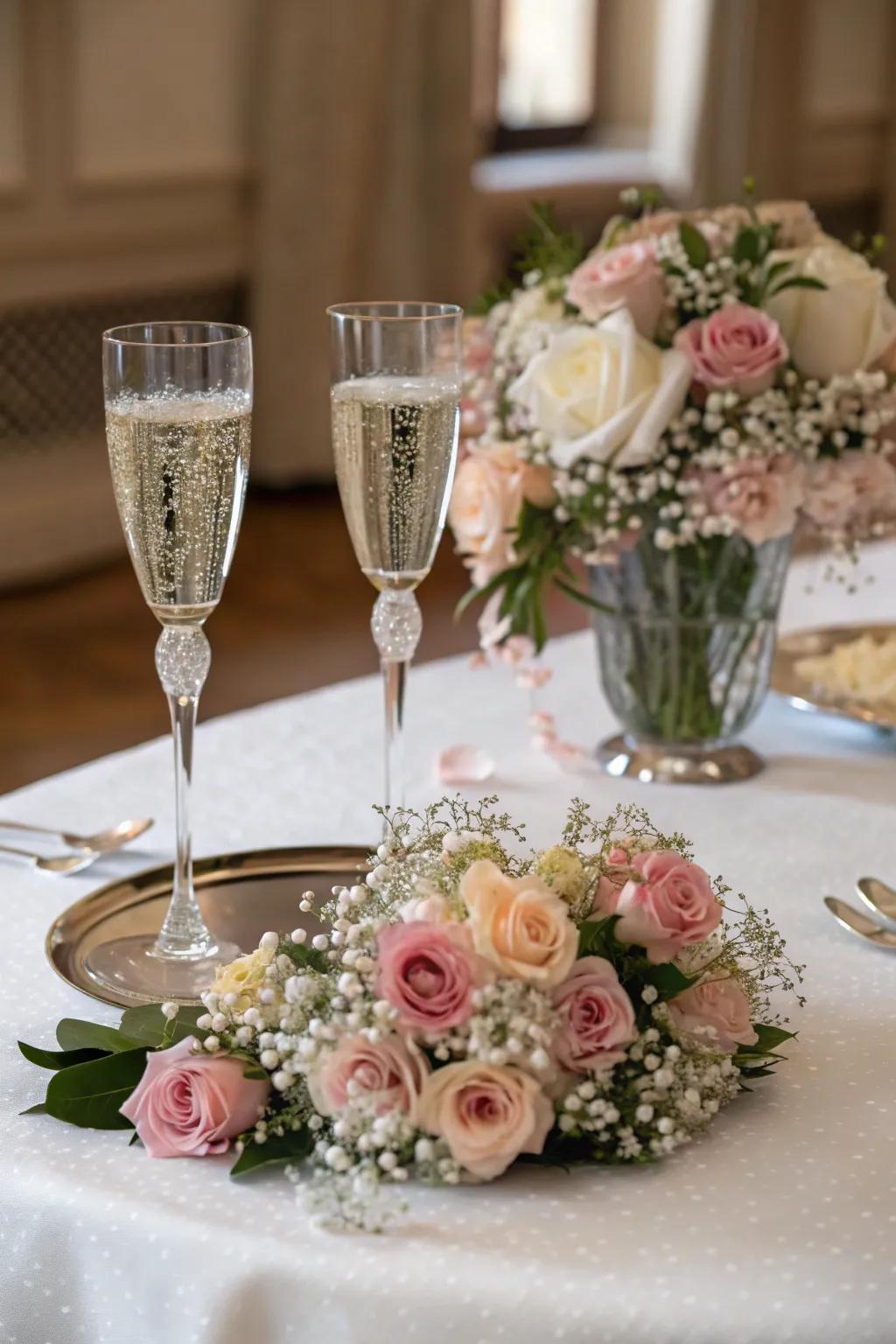 Floral accents introduce a fresh touch to your champagne toast.