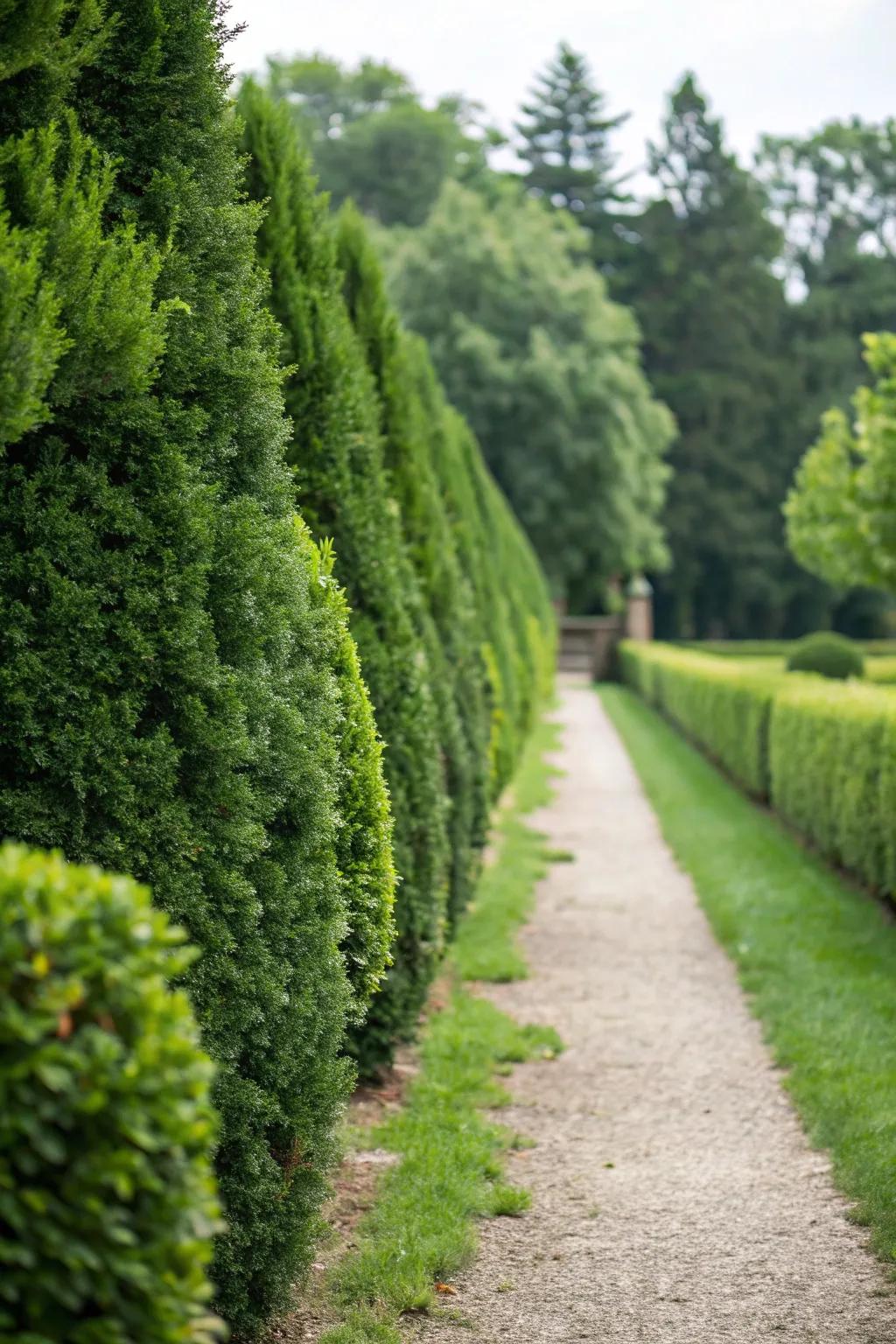 Persistent verdant hedgerows furnish year-round seclusion and vegetation.