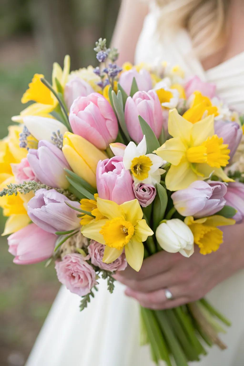 Spring's seasonal tulips and daffodils form an economical bridal bouquet.