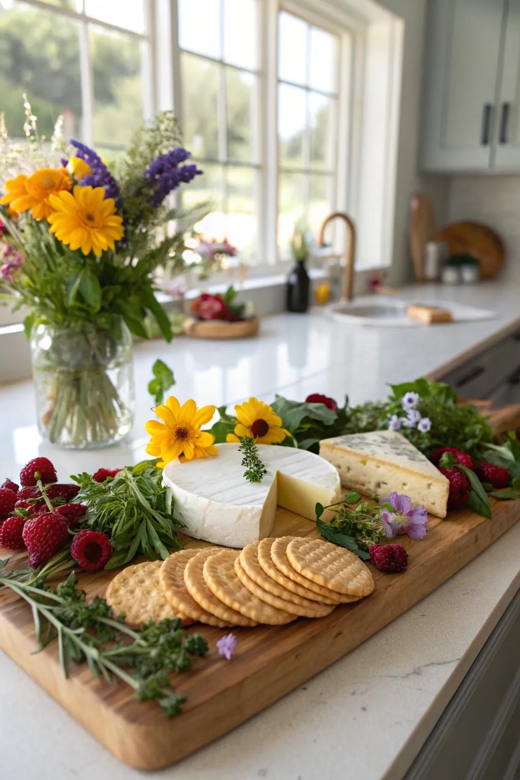 A cheese board elevated with herbs and blossoms.