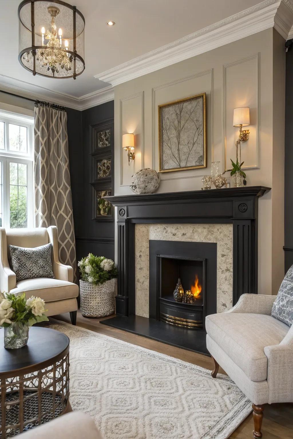 A juxtaposed mantel imparts profundity and captivation to this fashionable chimney blueprint.