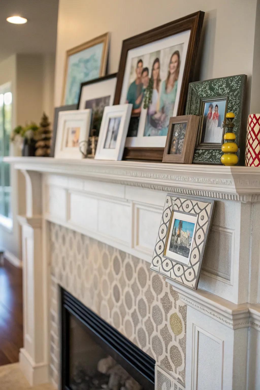 Artistic endeavors and photographic representations afford the fireplace vicinity a sense of individuality, thereby augmenting its character and affability.