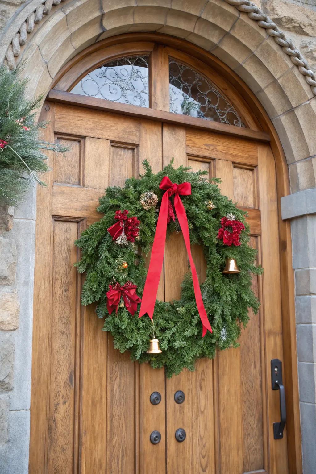 A welcoming garland warmly invites visitors into the church.
