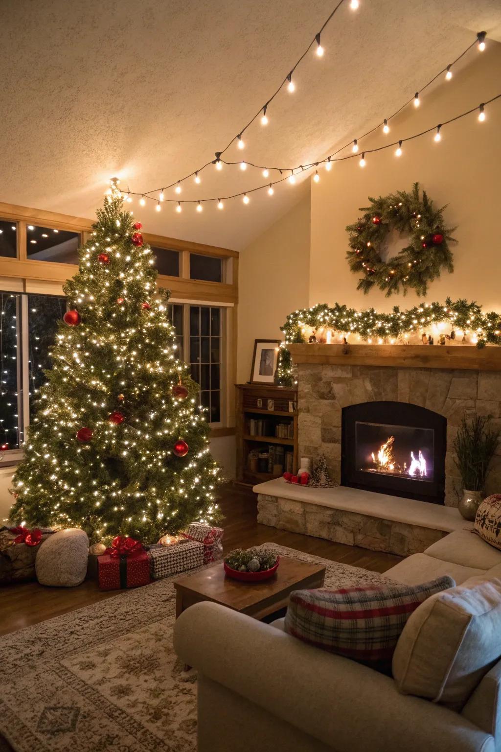A living room aglow with twinkle lights and festive decor.