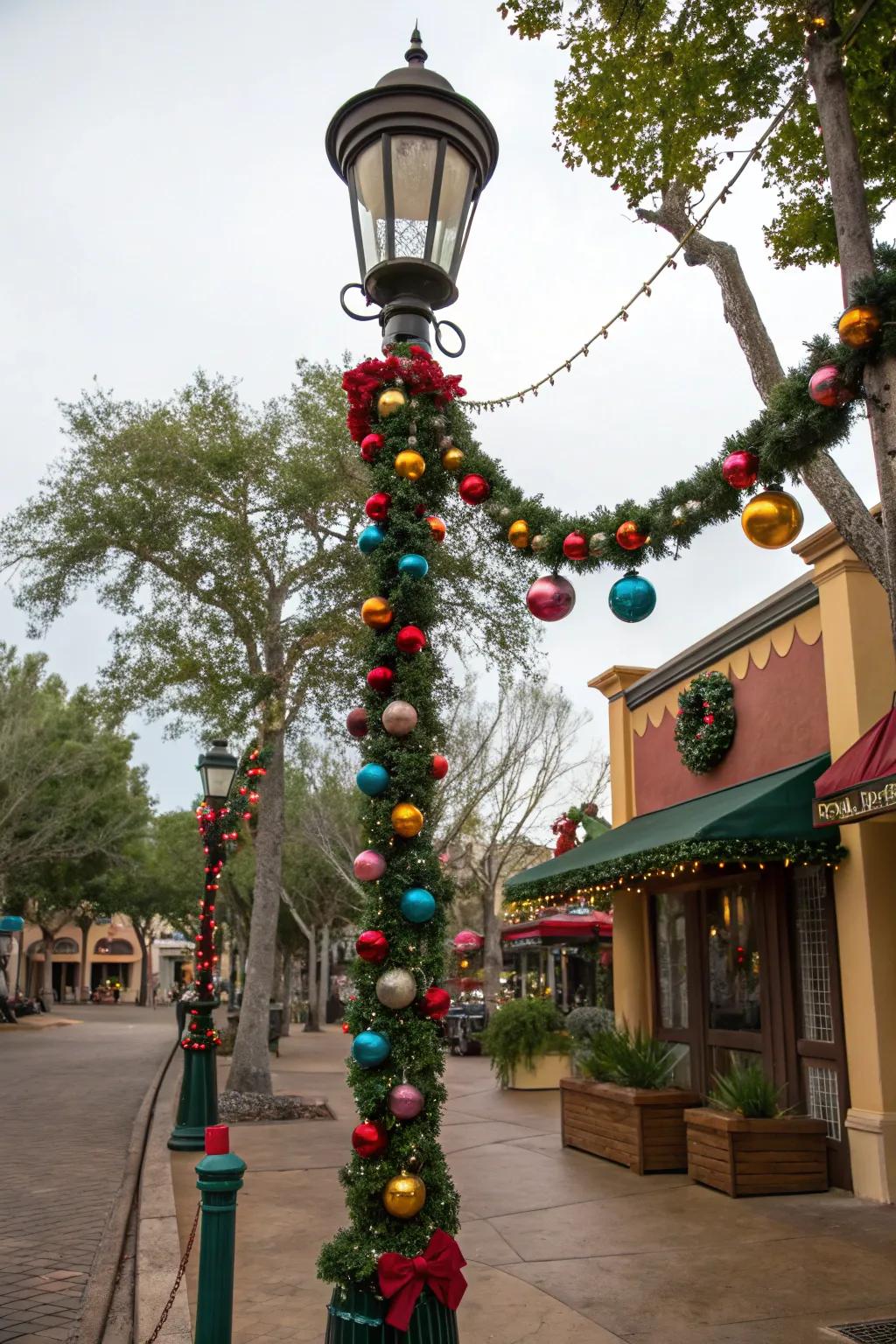 Ornaments lend a playful charm to an adorned lamp post.
