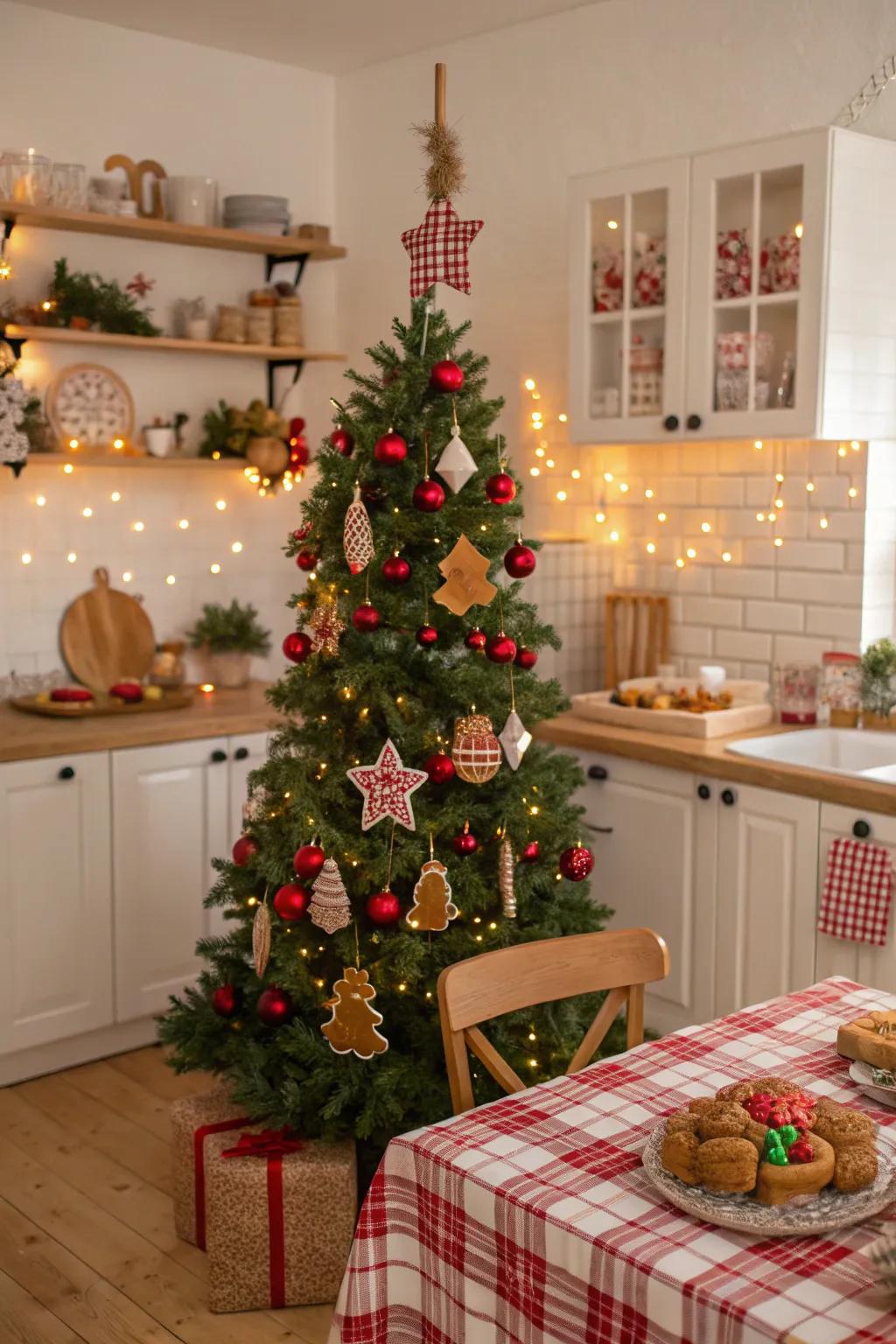 An endearing Christmas tree ornamented with gingerbread-themed ornaments and colorful lights, filling the room with holiday cheer.