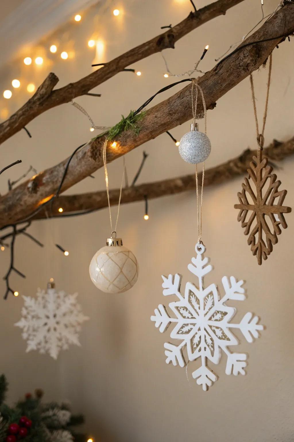 An unrefined branch introduces whimsical charm to holiday decor.