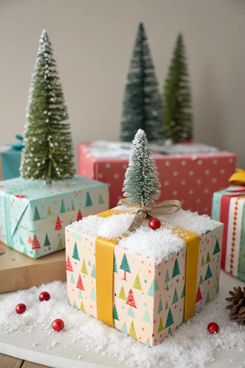 Gift boxes adorned with delightful small winter scenes.
