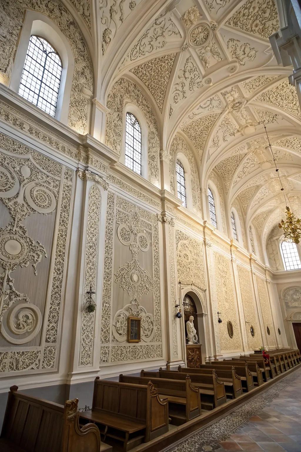 Church walls embellished with sophisticated sculpted sections.