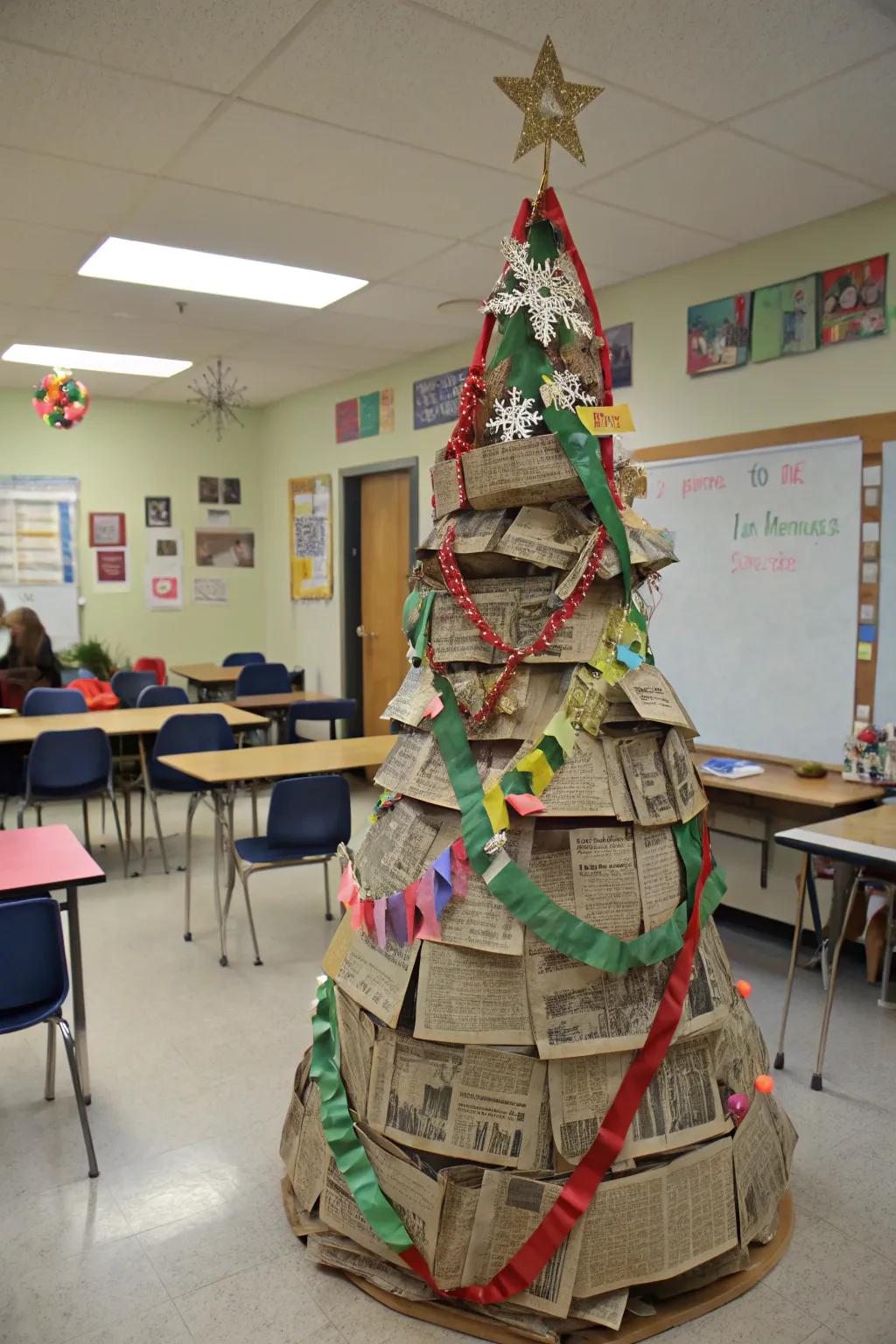 A sustainable holiday tree fashioned from reclaimed materials