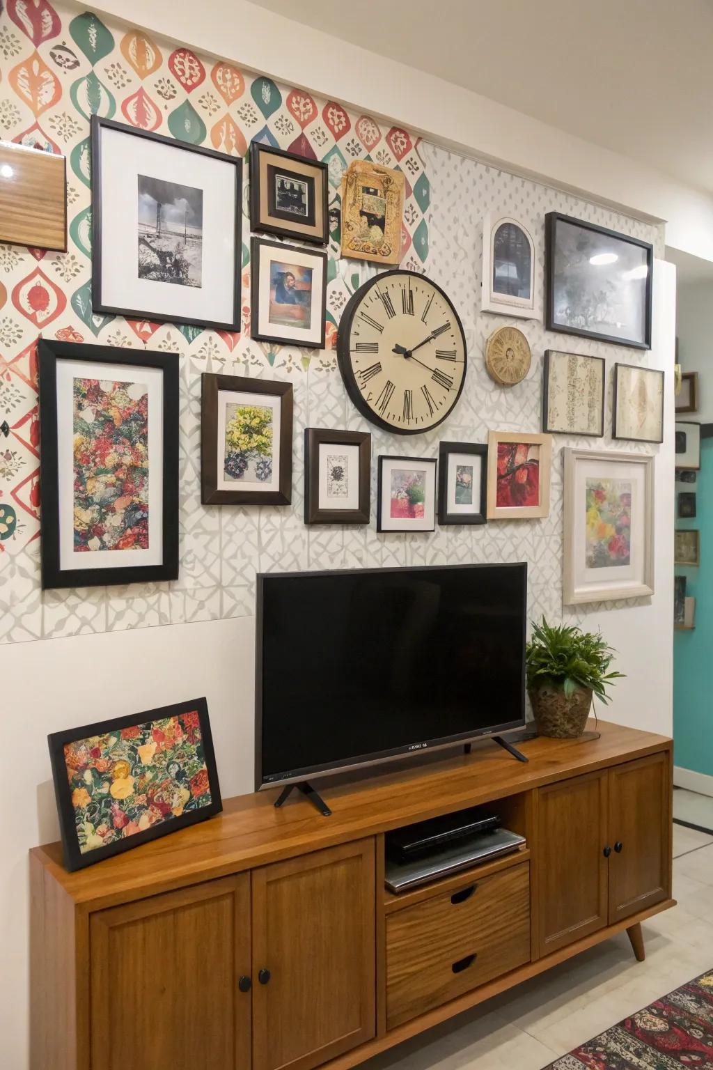 An enthralling gallery partition showcasing a clock and diverse encased artistic creations.