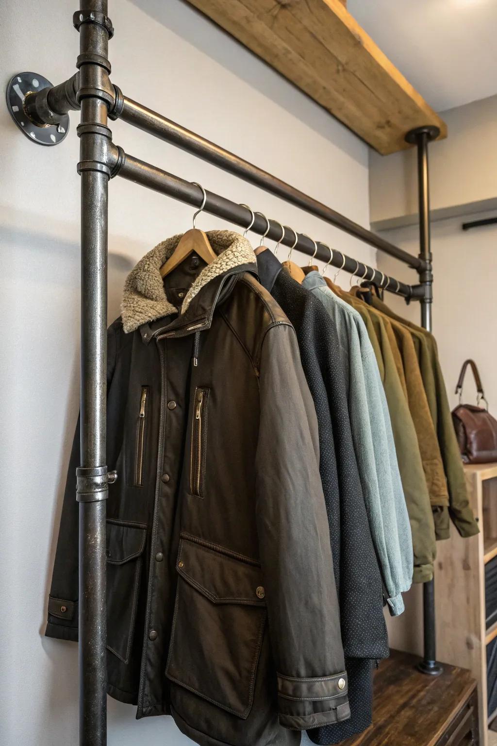 An industrial influence through functional steel pipe rods.