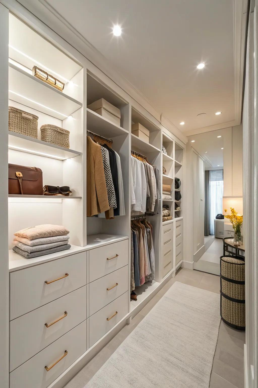 The utilization of neutral tones fosters an open and inviting ambiance in the closet.
