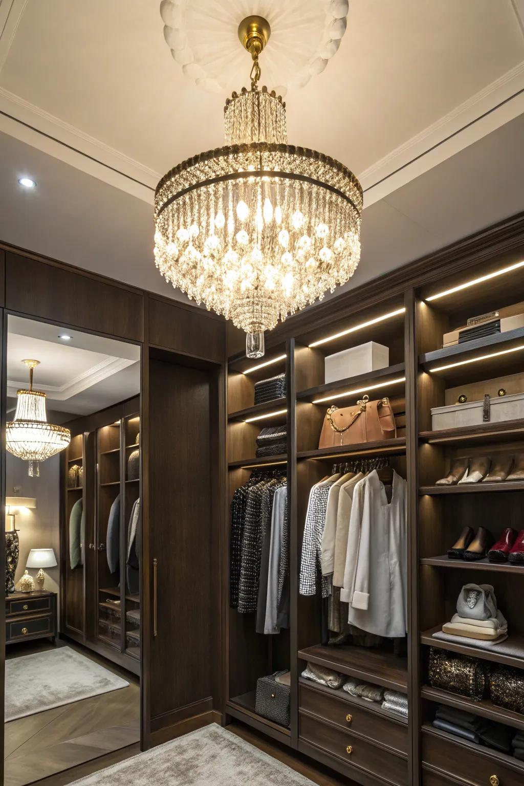 A chandelier enriches any closet, creating a glamorous sanctuary.