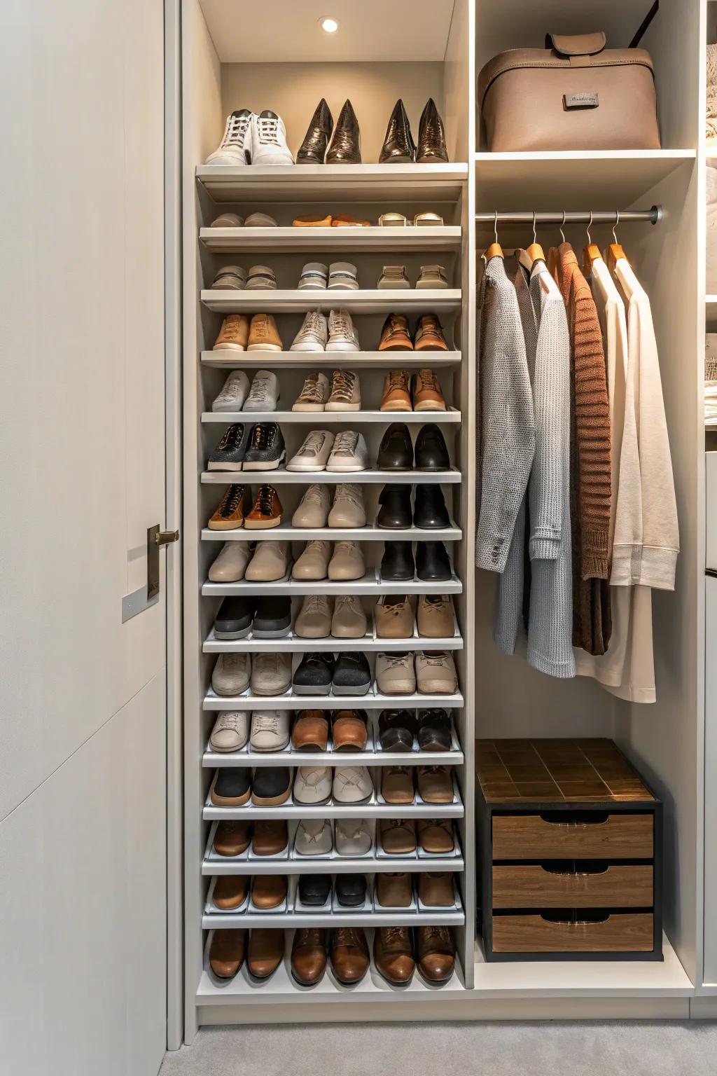 Optimize floor space with a sleek and functional shoe rack.