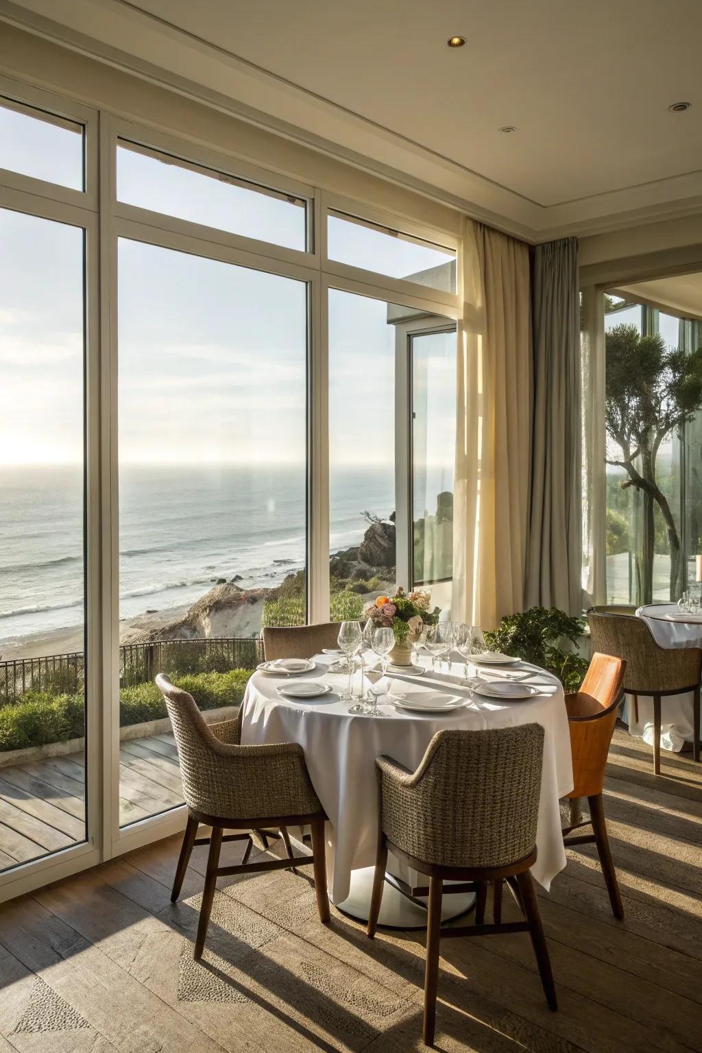 Expansive panes and understated draperies maintain the room's radiance and spaciousness.