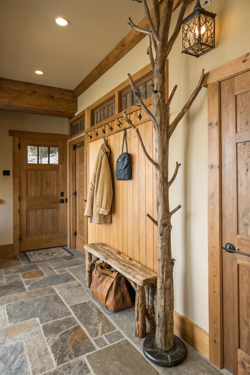 A rustic coat rack made from timber limbs, enhancing the inherent sensation of the entrance area.