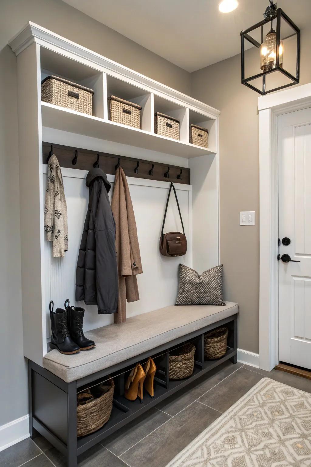A versatile coat rack featuring incorporated shelves and seating for optimized space utilization.